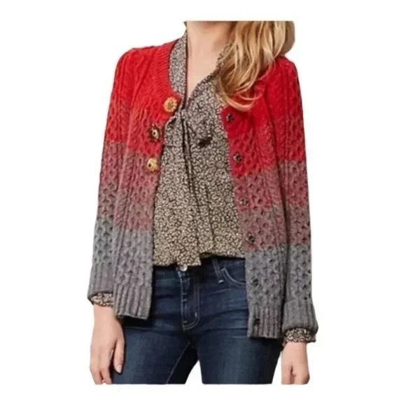 Anthropologie Sweaters - ANTHROPOLOGIE SLEEPING ON SNOW RED & GRAY WOOL CARDIGAN GOLD BUTTONS SIZE L